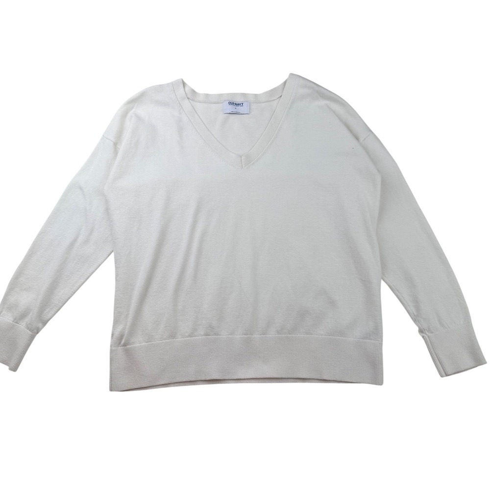 Old Navy V-Neck Sweater SoSoft‎ White Minimalist Preppy Light Academia M
